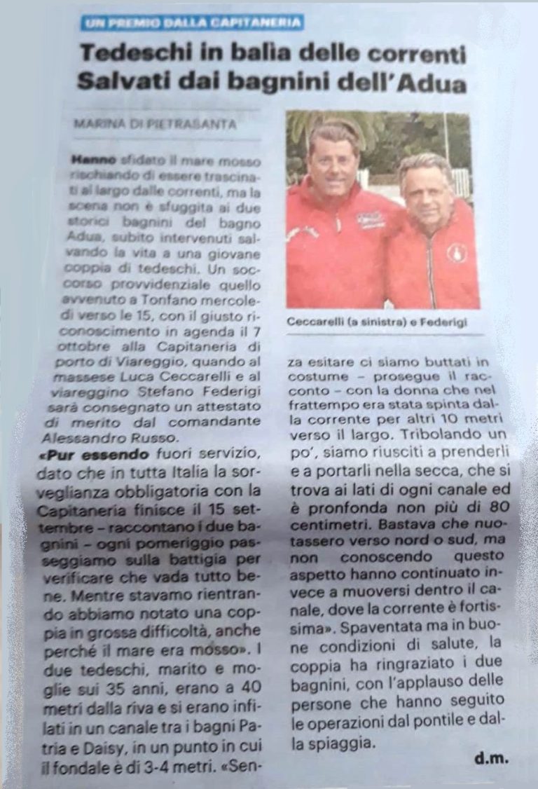 Due Bagnini SNS premiati dalla Capitaneria di Viareggio